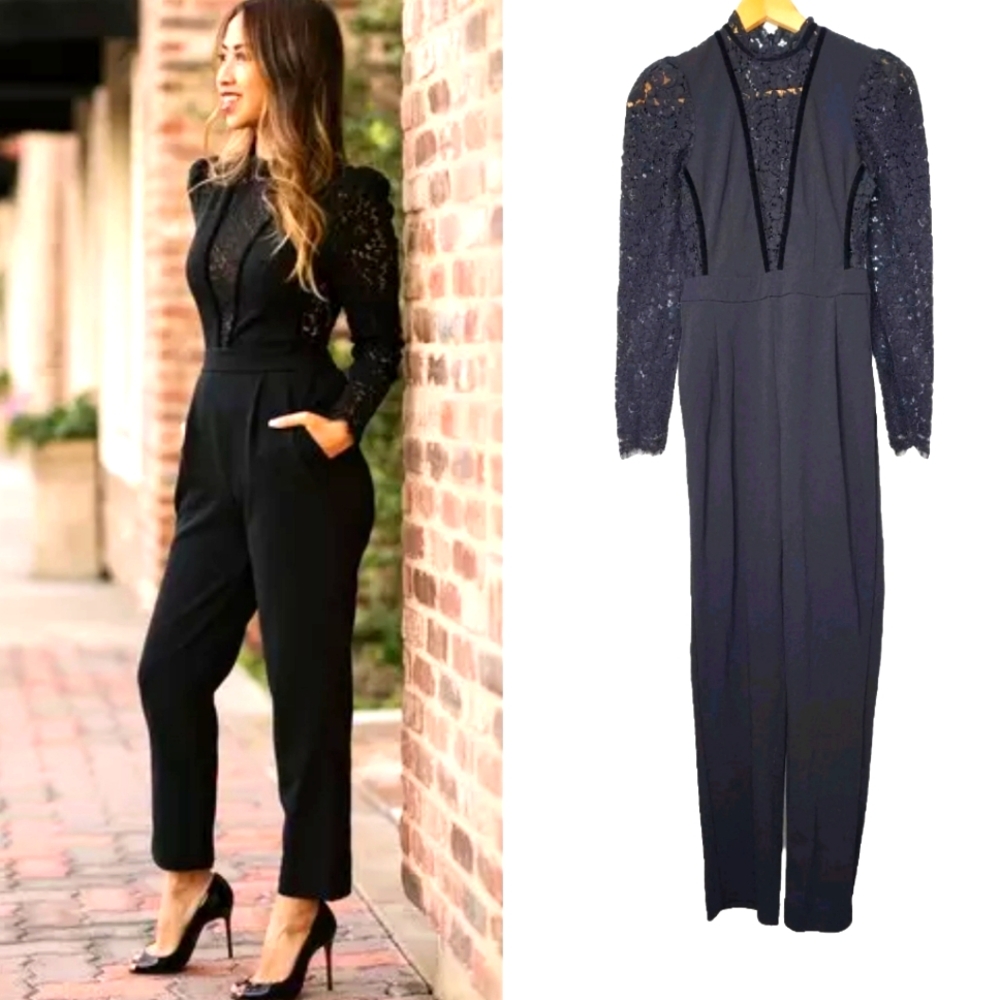 Express Long Sleeve Lace Inset Jumpsuit in Black Size 0